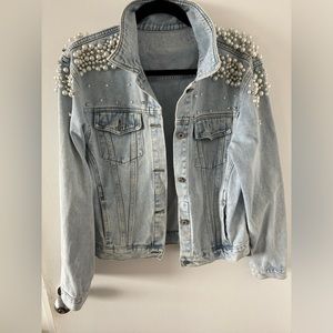 Kedera Women's Embroidered Rivet Pearl Short Denim Jacket Coat | Size: L